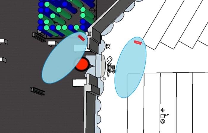  Track Boxes positioned at entrance/ exit and inside the room. In blue: approximate detection range
